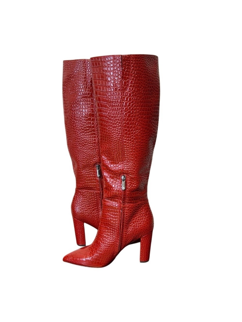 Sam Edelman Red Croc-Embossed Leather Heeled Boots - Picture 6 of 8